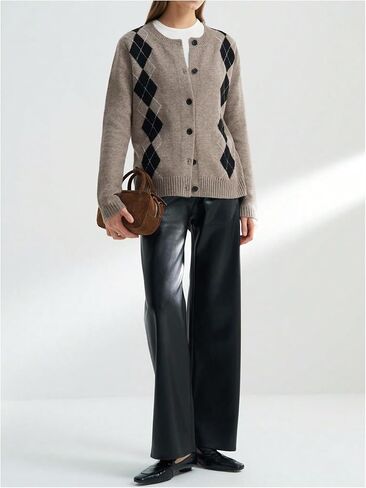 SHENHE Women's Button Up Cardigan Sweater Crew Neck Fall Argyle Sweater Preppy Cardigan in Saudi Arabia