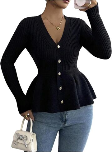 GORGLITTER Women's Ruffle Peplum Cardigan Sweater Button Down Fitted Long Sleeve Ribbed Knit Baby Doll Trendy Cardigan in Saudi Arabia