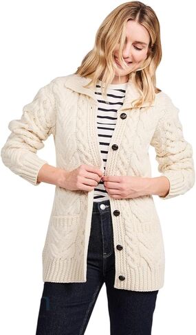 Aran Woollen Mills Women's Cardigan, 100% Merino Wool, Ladies Honeycomb Knit Jacket with Pockets and Shirt Collar in Saudi Arabia
