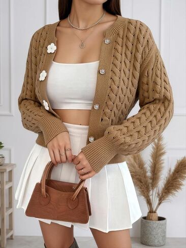 Womens Floral Button Dwon Twist Hollow Chunky Cardigan Long Sleeve Casual Knit Cardigans Sweater in Saudi Arabia