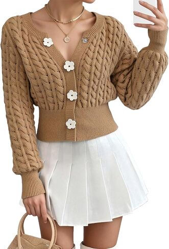 Womens Floral Button Dwon Twist Hollow Chunky Cardigan Long Sleeve Casual Knit Cardigans Sweater in Saudi Arabia