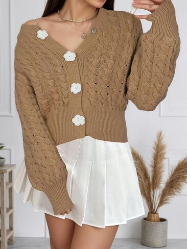 Womens Floral Button Dwon Twist Hollow Chunky Cardigan Long Sleeve Casual Knit Cardigans Sweater in Saudi Arabia