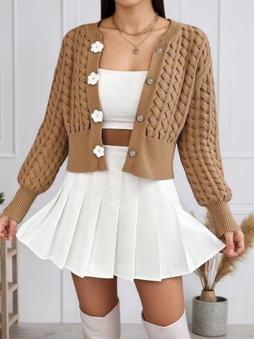 Womens Floral Button Dwon Twist Hollow Chunky Cardigan Long Sleeve Casual Knit Cardigans Sweater in Saudi Arabia