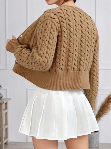 Womens Floral Button Dwon Twist Hollow Chunky Cardigan Long Sleeve Casual Knit Cardigans Sweater in Saudi Arabia