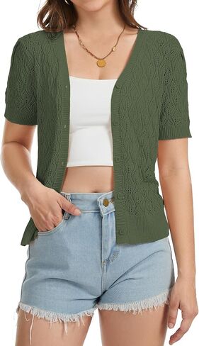 Short Sleeve Crochet Summer Cardigan Lightweight Open Front Cropped Button Up Sweater V Neck Hollow Out Beach Tops in Kuwait