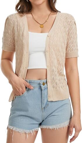 Short Sleeve Crochet Summer Cardigan Lightweight Open Front Cropped Button Up Sweater V Neck Hollow Out Beach Tops in Saudi Arabia