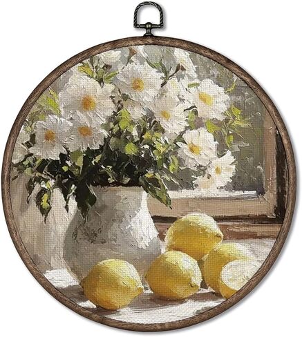 Giosve Vintage Rustic Lemon Floral Round Wall Art Canvas Framed Poster, Antique Farmhouse Flower Vase Fruit Hanging Wall Sculptures for Kitchen Dining Room Home Decor, 10x10 Inch in Kuwait