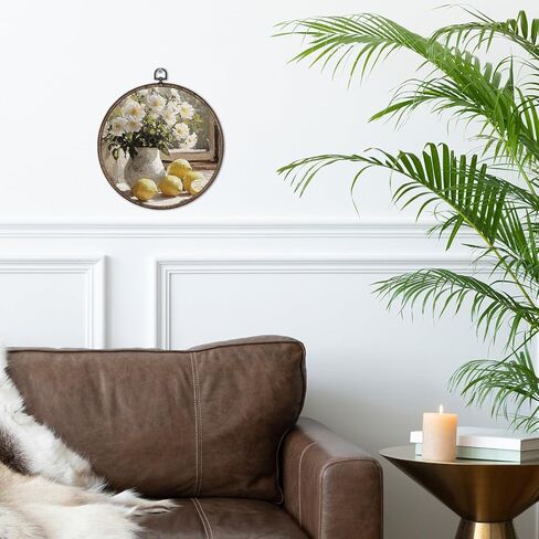 Giosve Vintage Rustic Lemon Floral Round Wall Art Canvas Framed Poster, Antique Farmhouse Flower Vase Fruit Hanging Wall Sculptures for Kitchen Dining Room Home Decor, 10x10 Inch in Kuwait