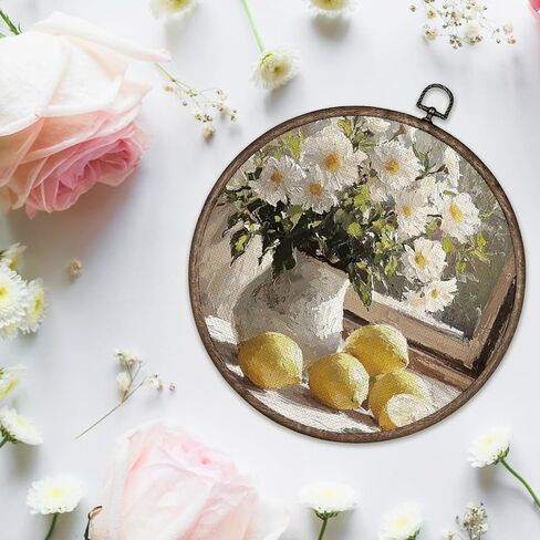 Giosve Vintage Rustic Lemon Floral Round Wall Art Canvas Framed Poster, Antique Farmhouse Flower Vase Fruit Hanging Wall Sculptures for Kitchen Dining Room Home Decor, 10x10 Inch in Kuwait