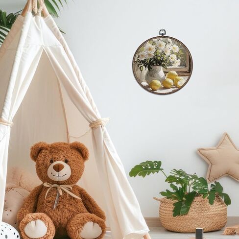 Giosve Vintage Rustic Lemon Floral Round Wall Art Canvas Framed Poster, Antique Farmhouse Flower Vase Fruit Hanging Wall Sculptures for Kitchen Dining Room Home Decor, 10x10 Inch in Kuwait