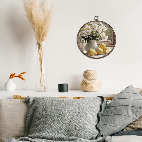 Giosve Vintage Rustic Lemon Floral Round Wall Art Canvas Framed Poster, Antique Farmhouse Flower Vase Fruit Hanging Wall Sculptures for Kitchen Dining Room Home Decor, 10x10 Inch in Kuwait