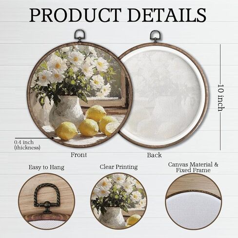 Giosve Vintage Rustic Lemon Floral Round Wall Art Canvas Framed Poster, Antique Farmhouse Flower Vase Fruit Hanging Wall Sculptures for Kitchen Dining Room Home Decor, 10x10 Inch in Kuwait