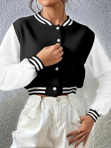 Women's Casual Baseball Jacket Colorblock Button Crop Bomber Jacket Classic and Versatile Style in Saudi Arabia