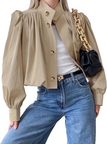 المرأة مطوي خندق معطف اقتصاص كم طويل واحدة الصدر نفخة سترة ربيع الخريف ملابس خارجية غير رسمية in Kuwait