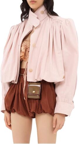 Womens Pleated Trench Coat Cropped Long Sleeve Single-Breasted Puff Jacket Spring Autumn Casual Outerwears in Saudi Arabia