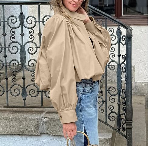 Womens Pleated Trench Coat Cropped Long Sleeve Single-Breasted Puff Jacket Spring Autumn Casual Outerwears in Saudi Arabia