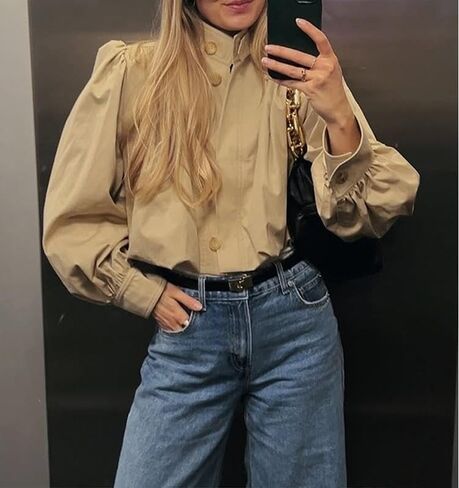 Womens Pleated Trench Coat Cropped Long Sleeve Single-Breasted Puff Jacket Spring Autumn Casual Outerwears in Saudi Arabia