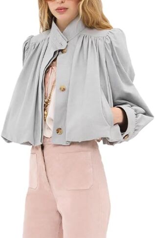 Womens Pleated Trench Coat Cropped Long Sleeve Single-Breasted Puff Jacket Spring Autumn Casual Outerwears in Saudi Arabia