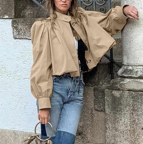 Womens Pleated Trench Coat Cropped Long Sleeve Single-Breasted Puff Jacket Spring Autumn Casual Outerwears in Saudi Arabia