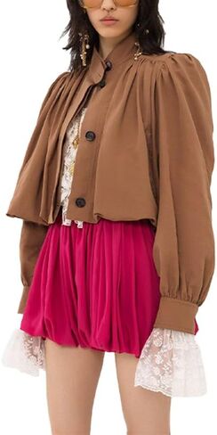 Womens Pleated Trench Coat Cropped Long Sleeve Single-Breasted Puff Jacket Spring Autumn Casual Outerwears in Saudi Arabia