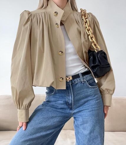 Womens Pleated Trench Coat Cropped Long Sleeve Single-Breasted Puff Jacket Spring Autumn Casual Outerwears in Saudi Arabia