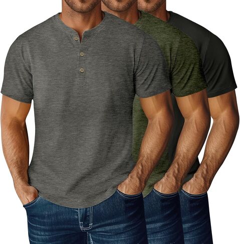 3 Pack Mens Henley T-Shirts Short Sleeve Casual Summer Basic Tees 3-Button Lightweight Stretch Tee Shirts in Kuwait
