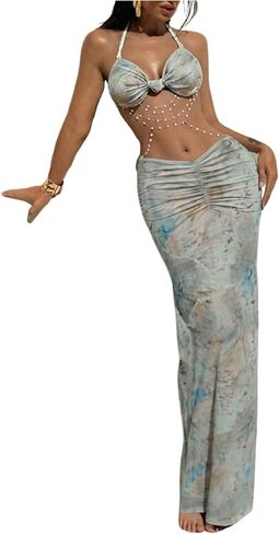 Milumia Women's Tie Dye Halter Maxi Dress Sexy Pearls Chain Backless Fishtail Vacation Dresses in Saudi Arabia