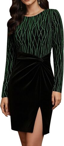 Women's Glitter Crewneck Knot Waist Velvet Split Slit Long Sleeve Cocktail Midi Dress in Kuwait
