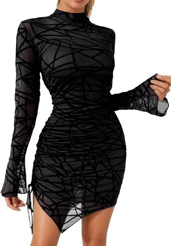 Women's Mesh Sheer Mock Neck Drawstring Side Long Sleeve Bodycon Club Mini Dress in Kuwait