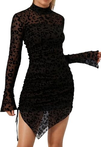 Women's Mesh Sheer Mock Neck Drawstring Side Long Sleeve Bodycon Club Mini Dress in Saudi Arabia