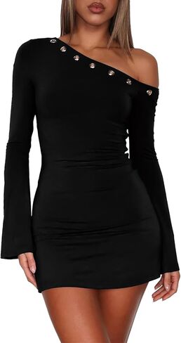 Women's Off The Shoulder Mini Dress Flared Long Sleeve Bodycon Party Club Dress with Metal Eyelet Decor in Saudi Arabia