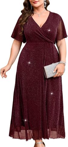 ZOMVA Plus Size Sparkly Maxi Dress V-Neck Wrap Ruffle Sleeve A-Line Glitter Gown Wedding Guest Cocktail Evening Party in Saudi Arabia
