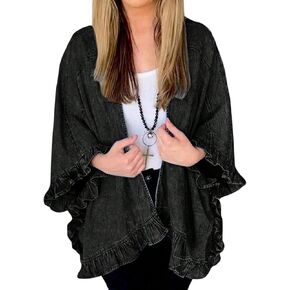 Women's Ruffled Denim Jacket 2025 Trendy Jean Jackets Vintage Loose Poncho Lapel Neck Irregular Denim Trench Coat in Kuwait