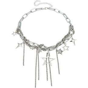 Chunky Silver Twine Star Choker Necklace,Y2k Large and Small Hollow Star Pendant Long Rhinestone Tassel Necklaces Punk Statement Party Jewelry for Women in Kuwait