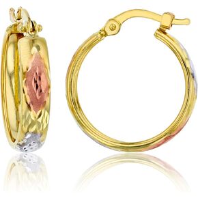 14k Tri Color Gold Solid Diamond Cut Hoop Earrings for Women | 4mm Thick | Diamond Design | Italian Gold Hoop Earrings | Secure Click-Top | Shiny Polished Earrings for Women, 15mm-45mm in Saudi Arabia