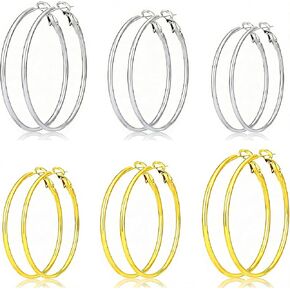 3 أزواج من الأقراط الحلقية للنساء، مصنوعة من الفولاذ المقاوم للصدأ 30/40/50 ملم من الفضة عيار 14 قيراط مطلية بالذهب، مجموعة أقراط رفيعة كبيرة الحجم لا تسبب الحساسية مجموعة أقراط متدلية للنساء in Kuwait