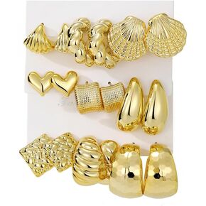 KISS WIFE 9 Pairs Gold Hoop Earrings Set for Women, Chunky Twisted Teardrop Dangle Hoops, Hypoallergenic Versatile Fashion Daily Jewelry Pack, Ideal Birthday Holiday Gifts for Her in Kuwait