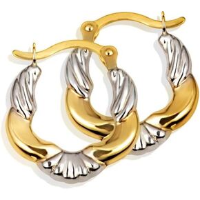 أقراط دائرية مضلعة ومخططة ذات لونين من الذهب الأبيض والأصفر عيار 14 قيراط للنساء، بسمك 2 ملم وقطر 13.5 ملم in Kuwait