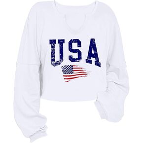 سويت شيرت نسائي بعلم الولايات المتحدة الأمريكية بأكمام طويلة، سويت شيرت برسومات قصيرة، قمصان لطيفة برقبة على شكل حرف V in Kuwait