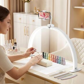 LIONVISON ضوء نصف القمر للمكتب: 29 بوصة ضوء أظافر قابل للطي للمكتب مع حامل هاتف - 3000K-6500K 3 أوضاع ألوان 10 سطوع لفنيي الأظافر في الصالونات وعشاق مانيكير المنزل (أبيض) in Kuwait