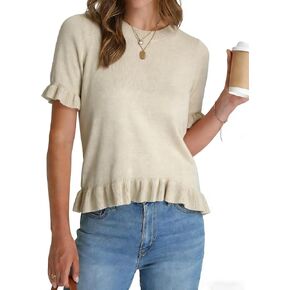 Dqbeng Womens Short Sleeve Sweater Ruffled Hem Knit Pullover Crewneck Lightweight Spring Summer Casual Tops in Saudi Arabia