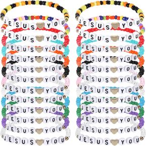 24 Pcs Jesus Bracelets, Jesus Loves You Bracelets Christian Bracelet Bulk Friendship Clay Bead Bracelet Bulk Stackable Elastic Inspirational Easter Gifts for Women Men in Kuwait
