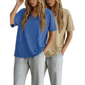 OPCAKM Women's Workout Summer Oversized Tee V Neck 2 Pack T-Shirts Cotton Basic Tops for Casual Wear in Kuwait