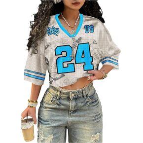 قمصان جيرسيه نسائية كبيرة الحجم برسومات شبكية، تي شيرت بياقة على شكل V ونصف كم، قمصان قصيرة in Kuwait