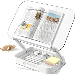 Book Stand for Reading, Acrylic Adjustable Book Holder with Book Page Holder, 360°Cookbook Stand with Storage for Kitchen Counter, Hands Free Recipe Book Holder for Textbook Cookbook, Clear in Saudi Arabia