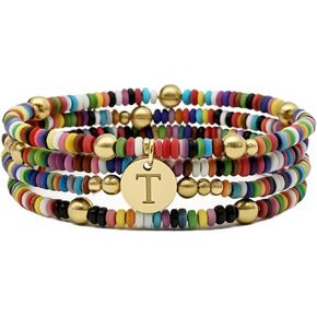 Set of 4 Colorful Bead Initial Bracelets, Personalized Stackable Jewelry, Adjustable Stretchy Charm Bracelets for Women, Beaded Bracelet Set, Trendy Custom Jewelry Gift in Saudi Arabia
