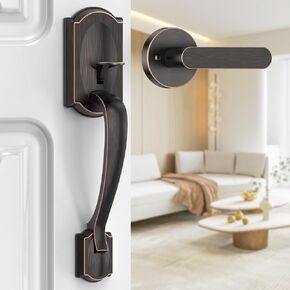 Front Door Handle, Exterior Door Handle with Passage Lever, Vintage Front Entry Door Handle No Lock, Reversible for Left & Right Handed Doors, Lower Half Grip, Oil Rubbed Bronze in Kuwait