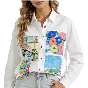 Womens Y2k Artistic Doodle Print Patchwork Button Up Shirt Hand Drawn Graphic Detail Streetwear Oversized Shirt in Saudi Arabia