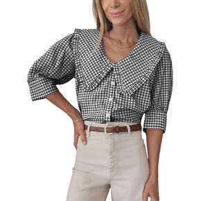 Daacee Women’s Plaid Blouse Oversized Ruffle Collar V Neck Puff Sleeve Button Down Plaid Shirts Trendy Gingham Tops in Kuwait