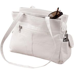 WalterDrake Womens Leather Handbag with Double Shoulder Straps, 3 Interior Pockets & 4 Exterior Pockets, White in Kuwait